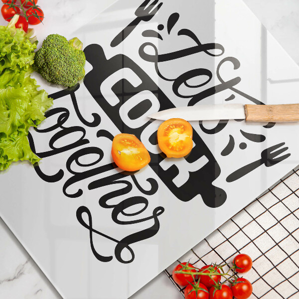 Kuchynská doska veľká zo skla Napis Let's cook together