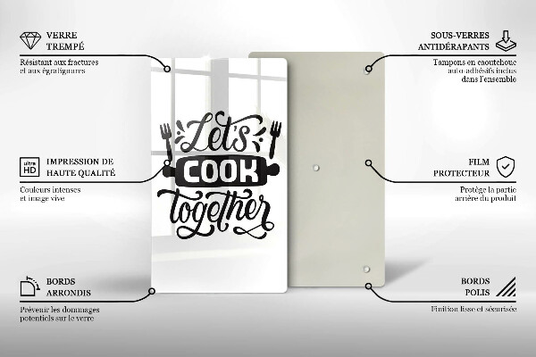 Kuchynská doska veľká zo skla Napis Let's cook together