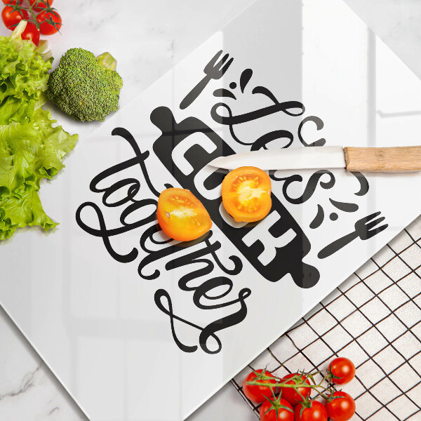 Kuchynská doska veľká zo skla Napis Let's cook together