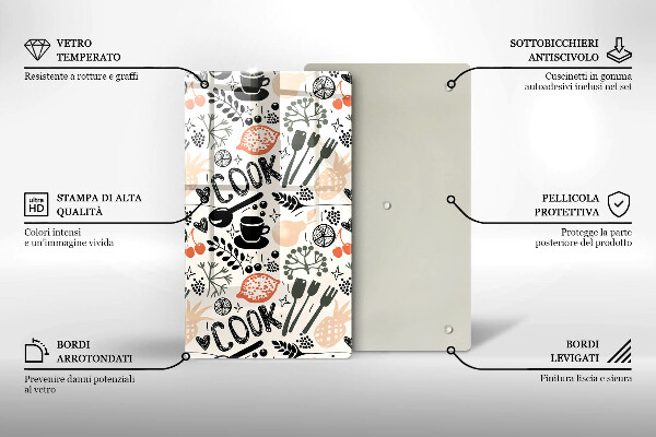 Kuchynská doska veľká zo skla Kreslený kuchynský motív