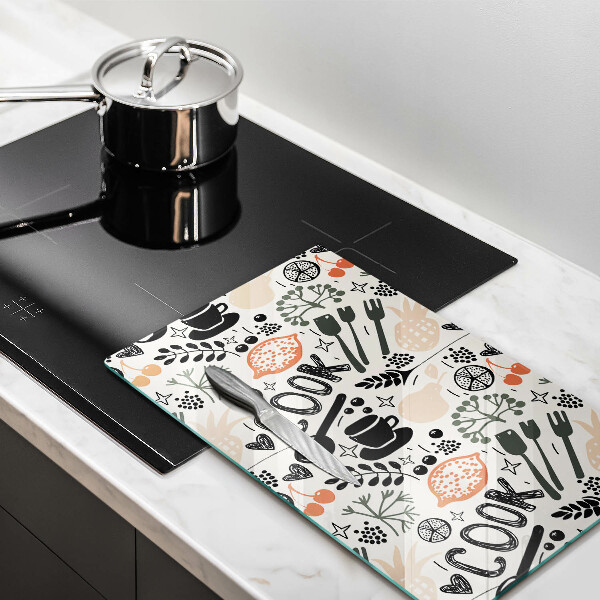 Kuchynská doska veľká zo skla Kreslený kuchynský motív