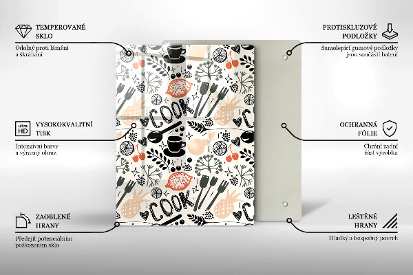 Kuchynská doska veľká zo skla Kreslený kuchynský motív