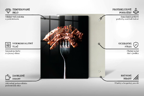 Kuchynská doska veľká zo skla Mäso na vidličku