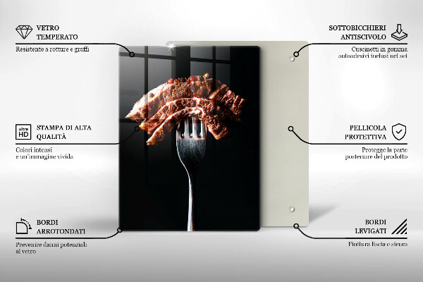 Kuchynská doska veľká zo skla Mäso na vidličku
