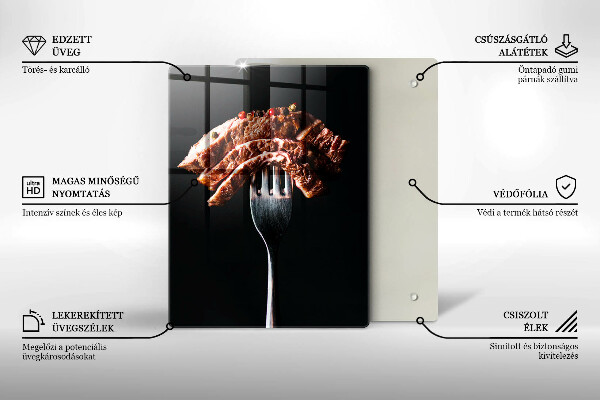 Kuchynská doska veľká zo skla Mäso na vidličku