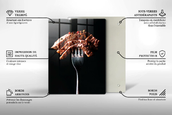 Kuchynská doska veľká zo skla Mäso na vidličku