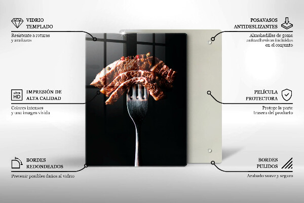 Kuchynská doska veľká zo skla Mäso na vidličku