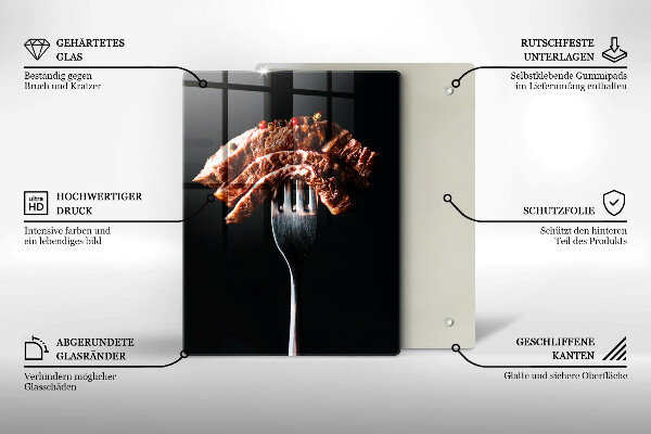 Kuchynská doska veľká zo skla Mäso na vidličku