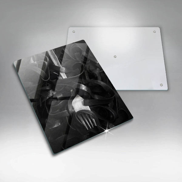 Kuchynská doska veľká zo skla Čierne cestoviny a vidlička