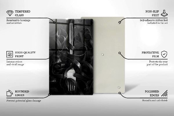 Kuchynská doska veľká zo skla Čierne cestoviny a vidlička