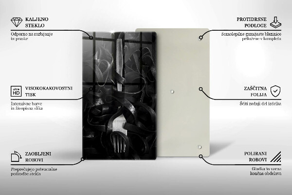 Kuchynská doska veľká zo skla Čierne cestoviny a vidlička