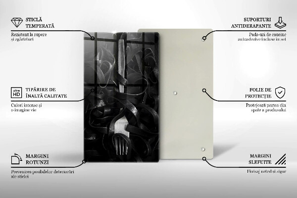 Kuchynská doska veľká zo skla Čierne cestoviny a vidlička