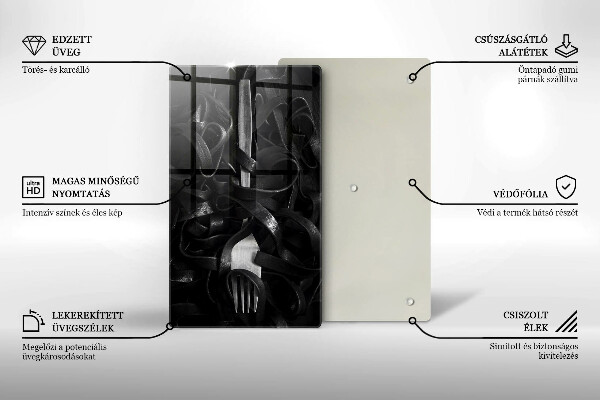 Kuchynská doska veľká zo skla Čierne cestoviny a vidlička