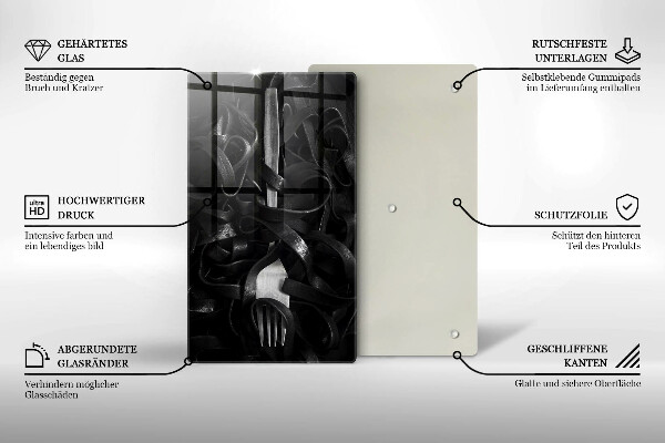 Kuchynská doska veľká zo skla Čierne cestoviny a vidlička