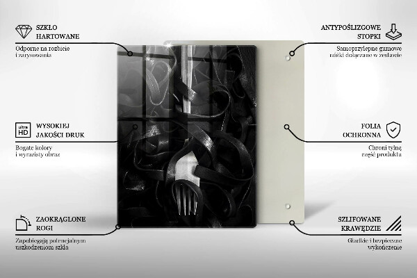 Kuchynská doska veľká zo skla Čierne cestoviny a vidlička