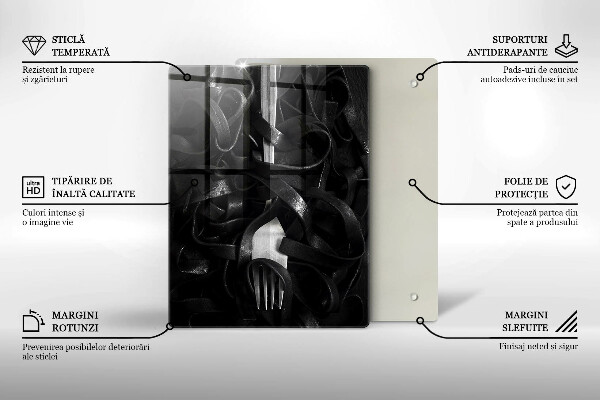 Kuchynská doska veľká zo skla Čierne cestoviny a vidlička