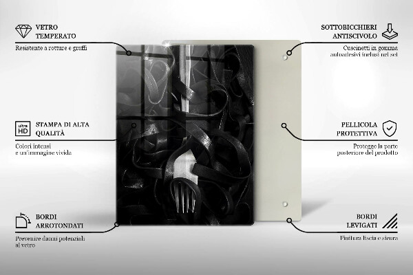 Kuchynská doska veľká zo skla Čierne cestoviny a vidlička