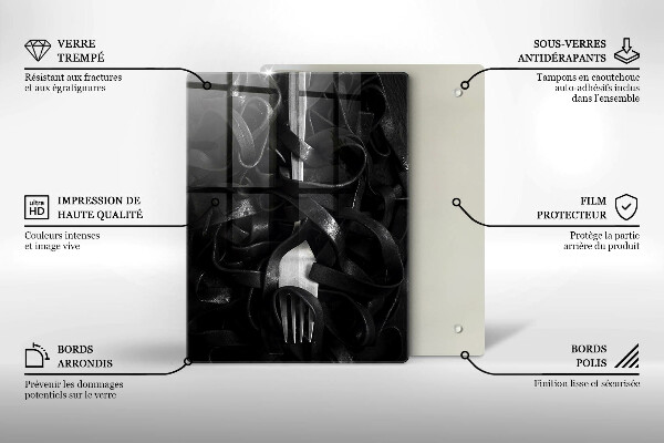 Kuchynská doska veľká zo skla Čierne cestoviny a vidlička