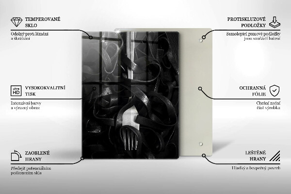 Kuchynská doska veľká zo skla Čierne cestoviny a vidlička