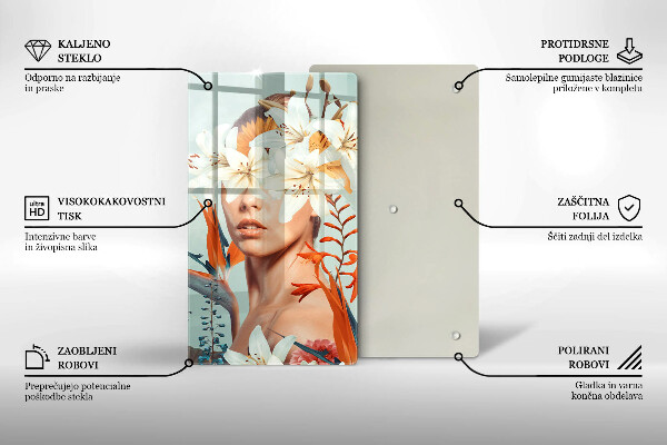 Kuchynská doska veľká zo skla Žena v kvetoch