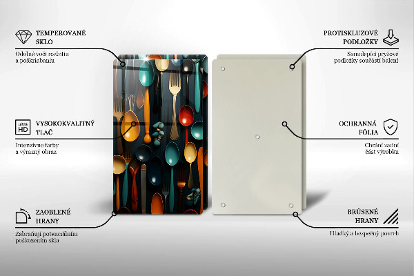 Kuchynská doska veľká zo skla Farebné lyžice a vidličky