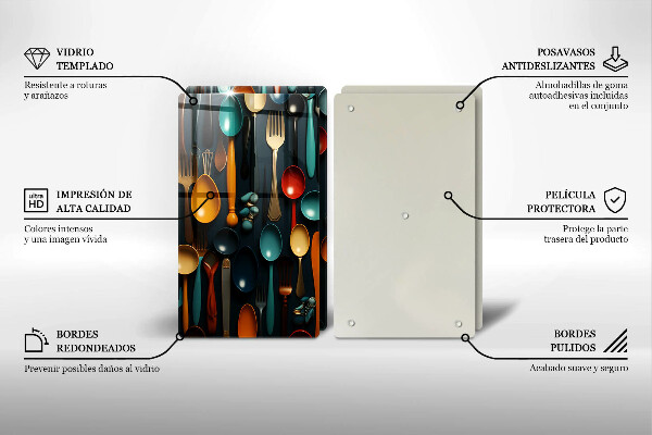 Kuchynská doska veľká zo skla Farebné lyžice a vidličky