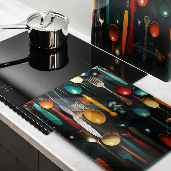 Kuchynská doska veľká zo skla Farebné lyžice a vidličky