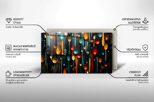 Sklenená doska na krájanie Farebné lyžice a vidličky