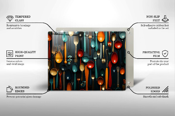 Sklenená doska na krájanie Farebné lyžice a vidličky