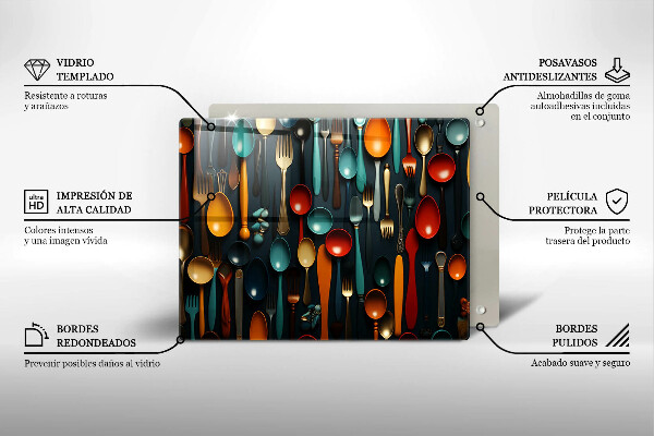 Sklenená doska na krájanie Farebné lyžice a vidličky