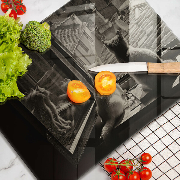 Sklenená doska na krájanie Mesto mačky a okno