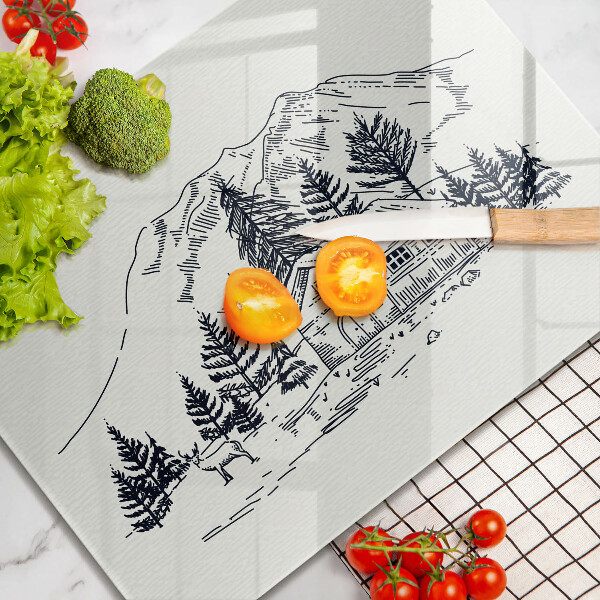 Sklenená doska na krájanie Kresba chaty v horách