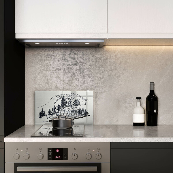 Sklenená doska na krájanie Kresba chaty v horách