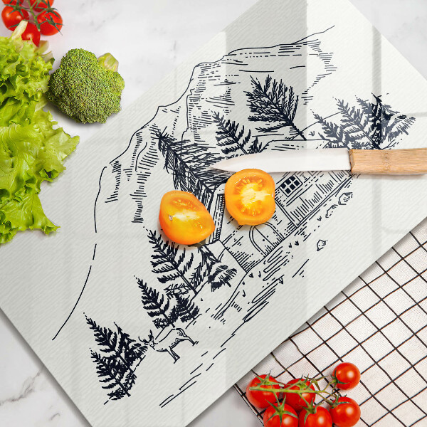 Sklenená doska na krájanie Kresba chaty v horách