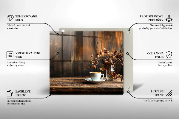 Sklenená doska na krájanie Šálka na kávu a drevo