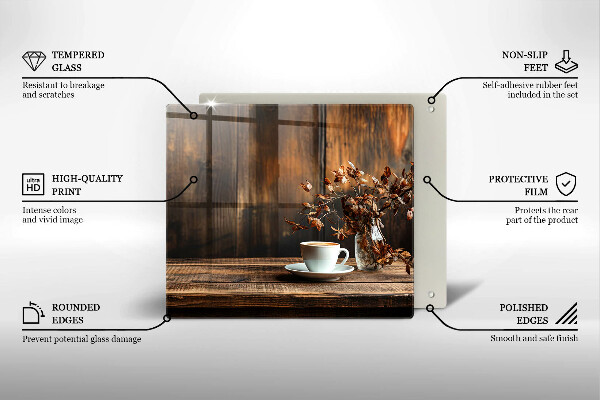 Sklenená doska na krájanie Šálka na kávu a drevo