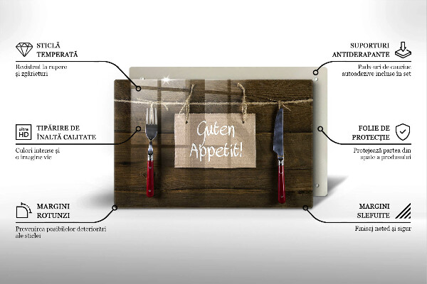 Kuchynská doska zo skla Nápis Guten Appetit na drevených doskách