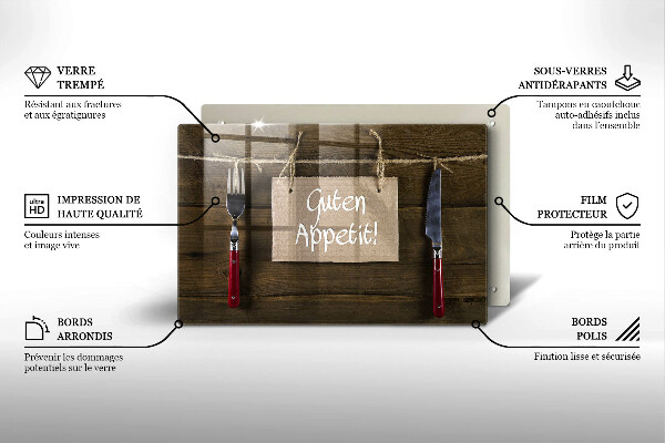 Kuchynská doska zo skla Nápis Guten Appetit na drevených doskách