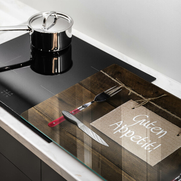 Kuchynská doska zo skla Nápis Guten Appetit na drevených doskách
