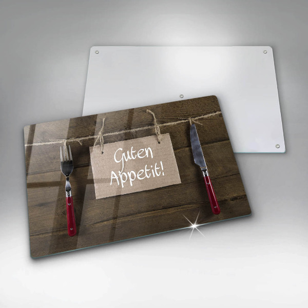 Kuchynská doska zo skla Nápis Guten Appetit na drevených doskách