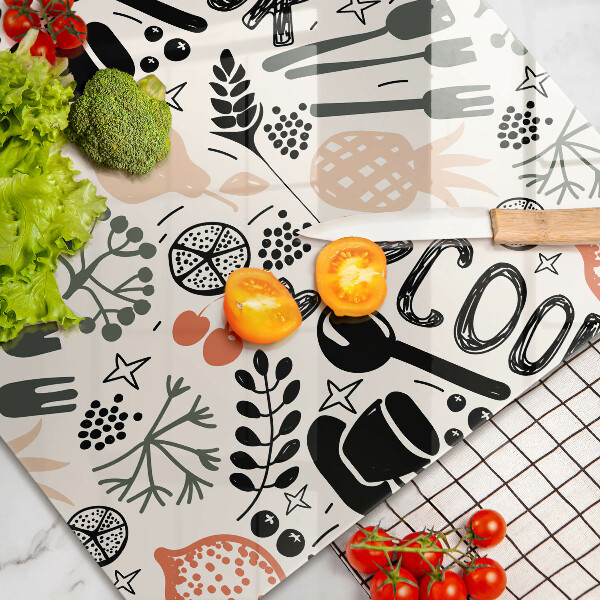 Kuchynská doska zo skla Kreslený kuchynský motív