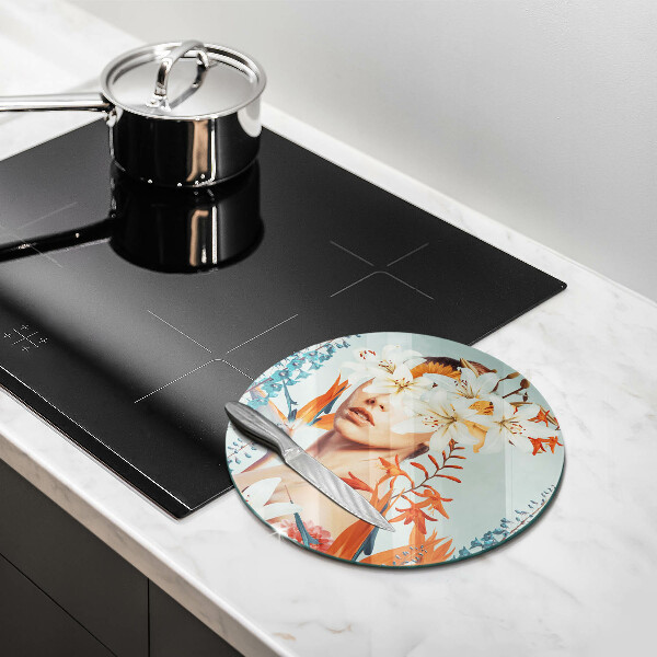 Kuchynská doska veľká zo skla Žena v kvetoch