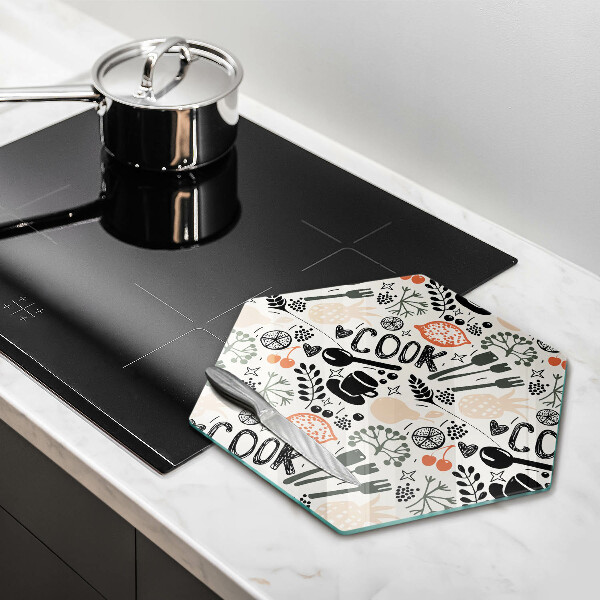 Kuchynská doska veľká zo skla Kreslený kuchynský motív