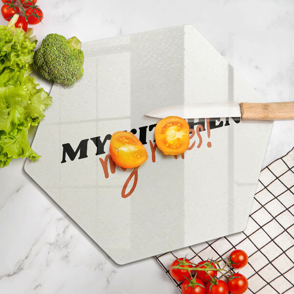 Kuchynská doska veľká zo skla Nápis My kitchen my rules