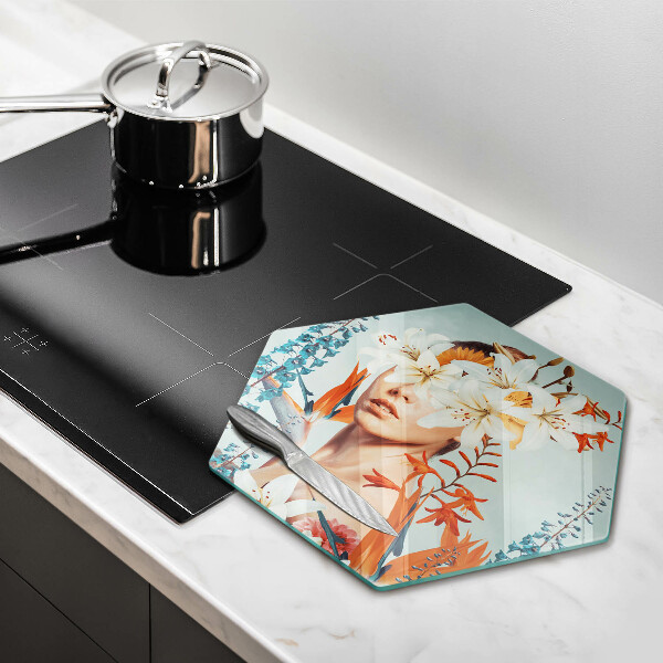 Kuchynská doska veľká zo skla Žena v kvetoch