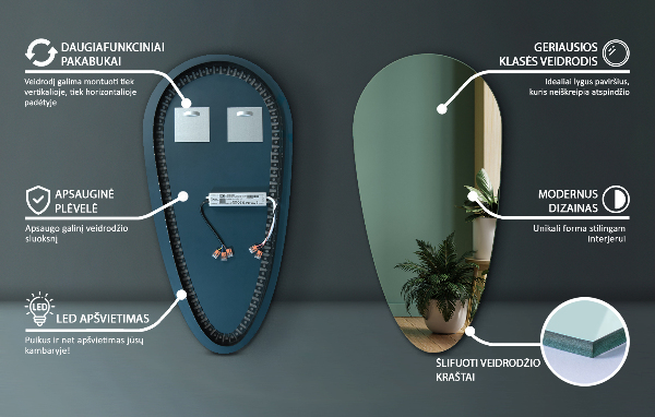 Zrkadlo s led v tvare kvapky 50x100 cm