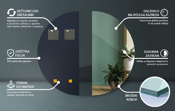 Polkruhové zrkadlo bez rámu na stenu 30x60 cm