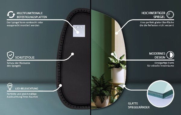 Asymetrické zrkadlo škvrna s led osvetlením 49x34 cm