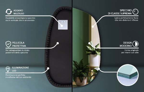 Asymetrické zrkadlo škvrna s led osvetlením 49x34 cm