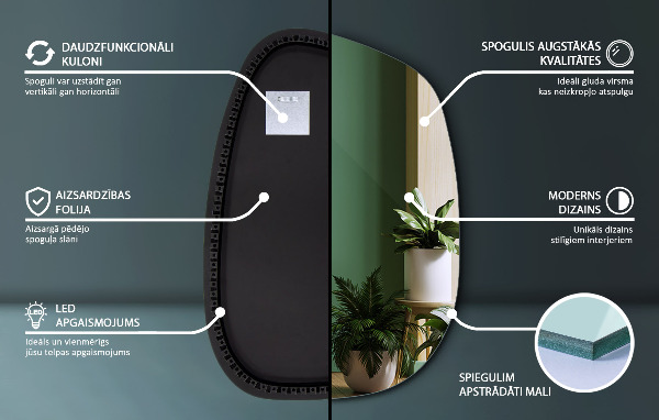 Asymetrické zrkadlo škvrna s led osvetlením 49x34 cm